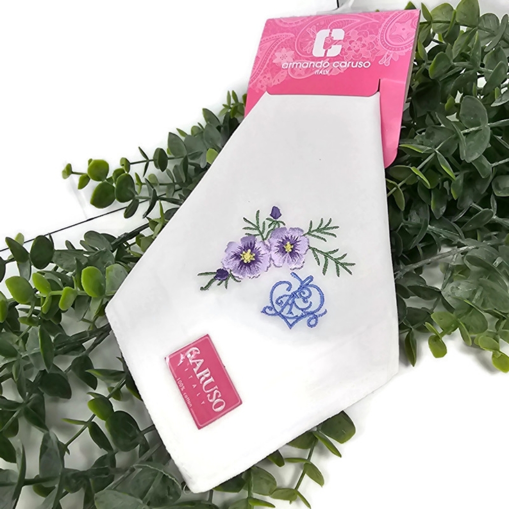 Armando Caruso New Embroidered White w/ Purple Flowers 100% Cotton Handerchief